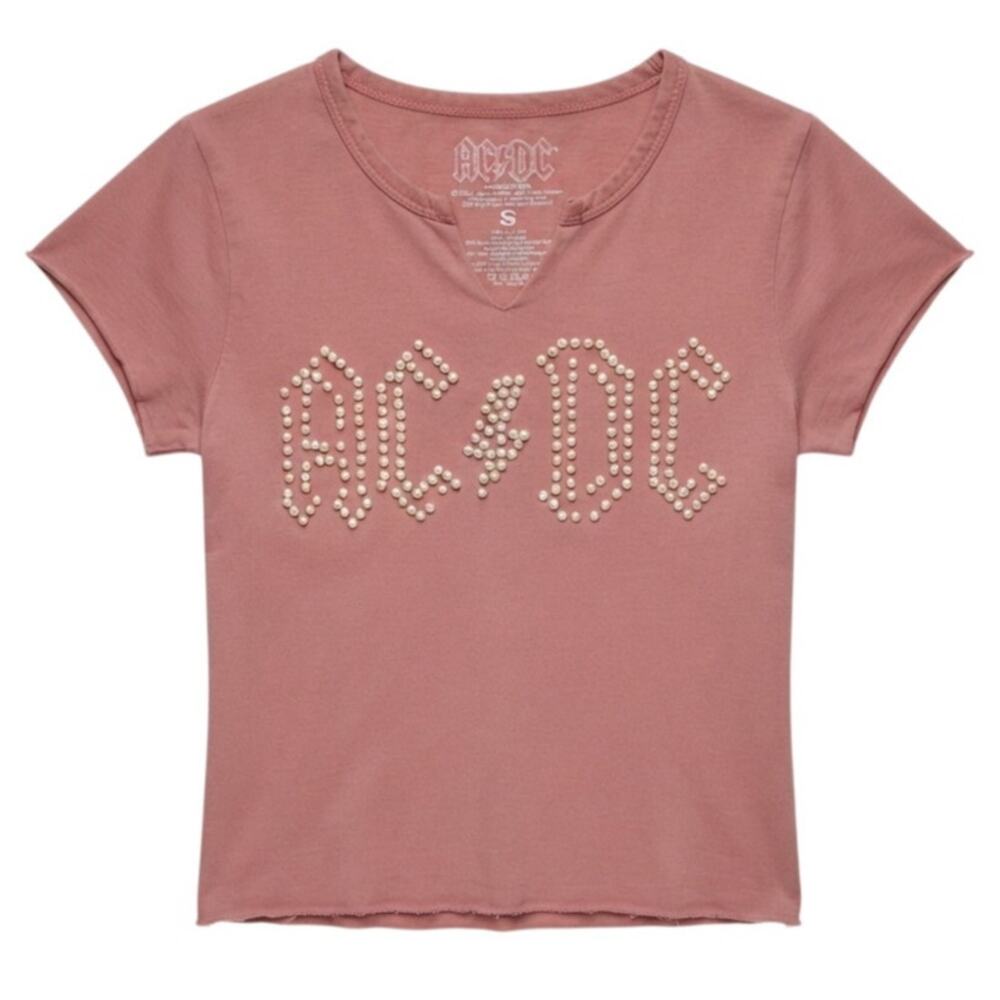 AC/DC T-Shirt Small Pink Cotton Pearl Studded Raw Hem Rock Band